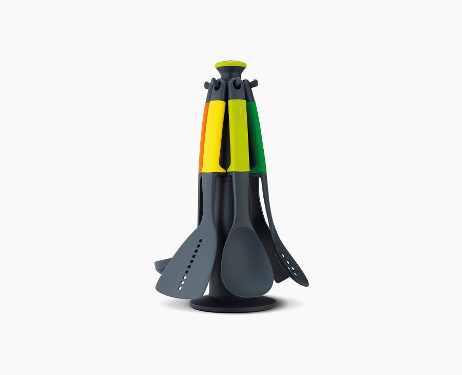 Joseph Joseph Elevate Lot De 6 Ustensiles Cuisine Nylon – Antiadhésif Résistant Chaleur 200°C + Porte-Ustensiles Rotatif Inox/Noir
