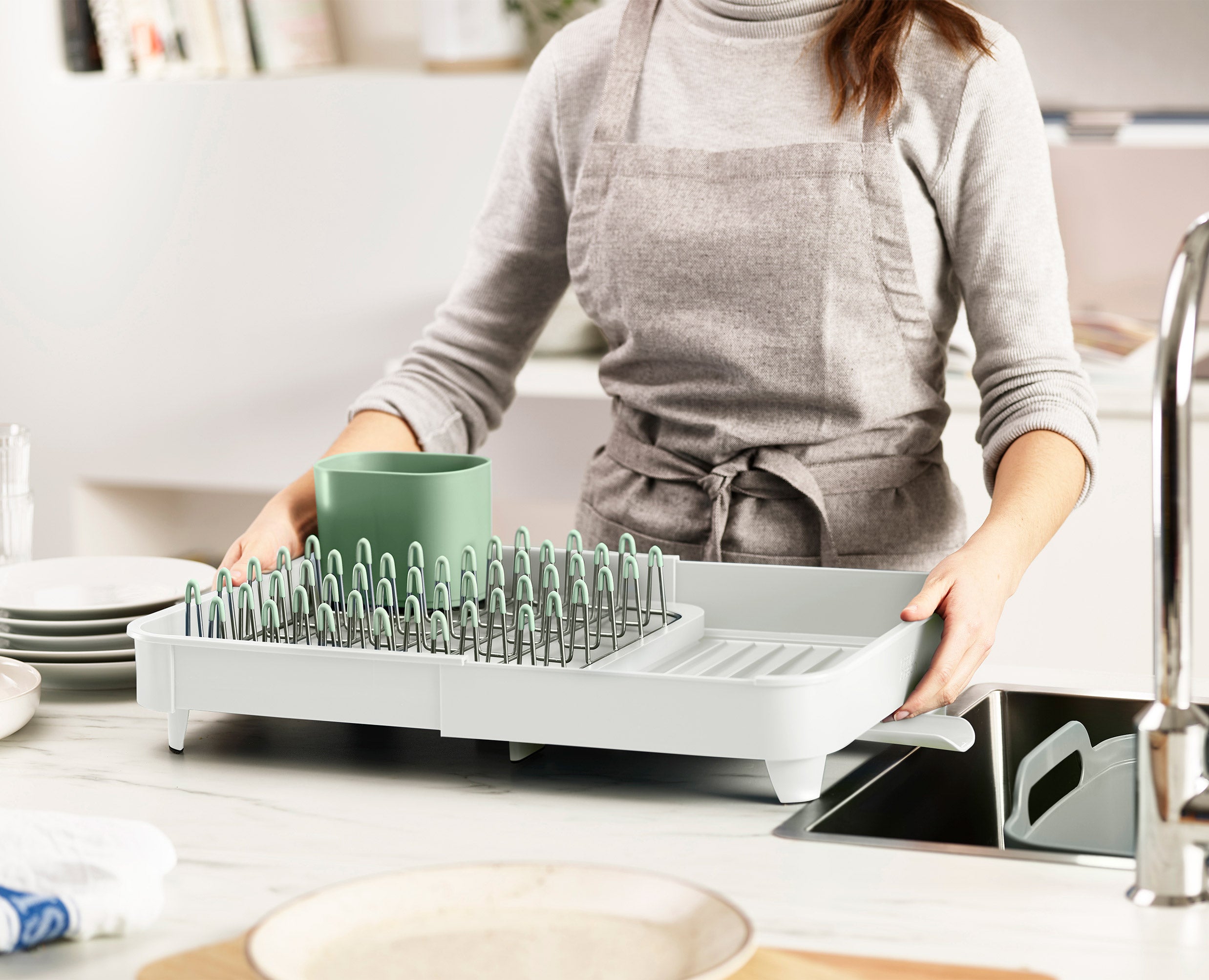 3-piece Stone Green Drainer, Washing-up Bowl &amp; Brush Set