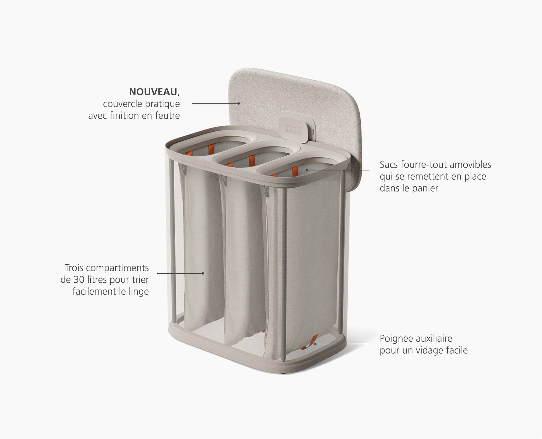 Tota 2 Trio 90L Panier à Linge de Séparation Champignon Clair